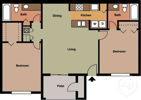 Floor plan for 2 beds, 2 baths, 1100 sqft